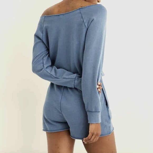 Aerie Soft Terry Fleece Long-Sleeve Lounge Shorts Romper, Blue XXS - Picture 2 of 9
